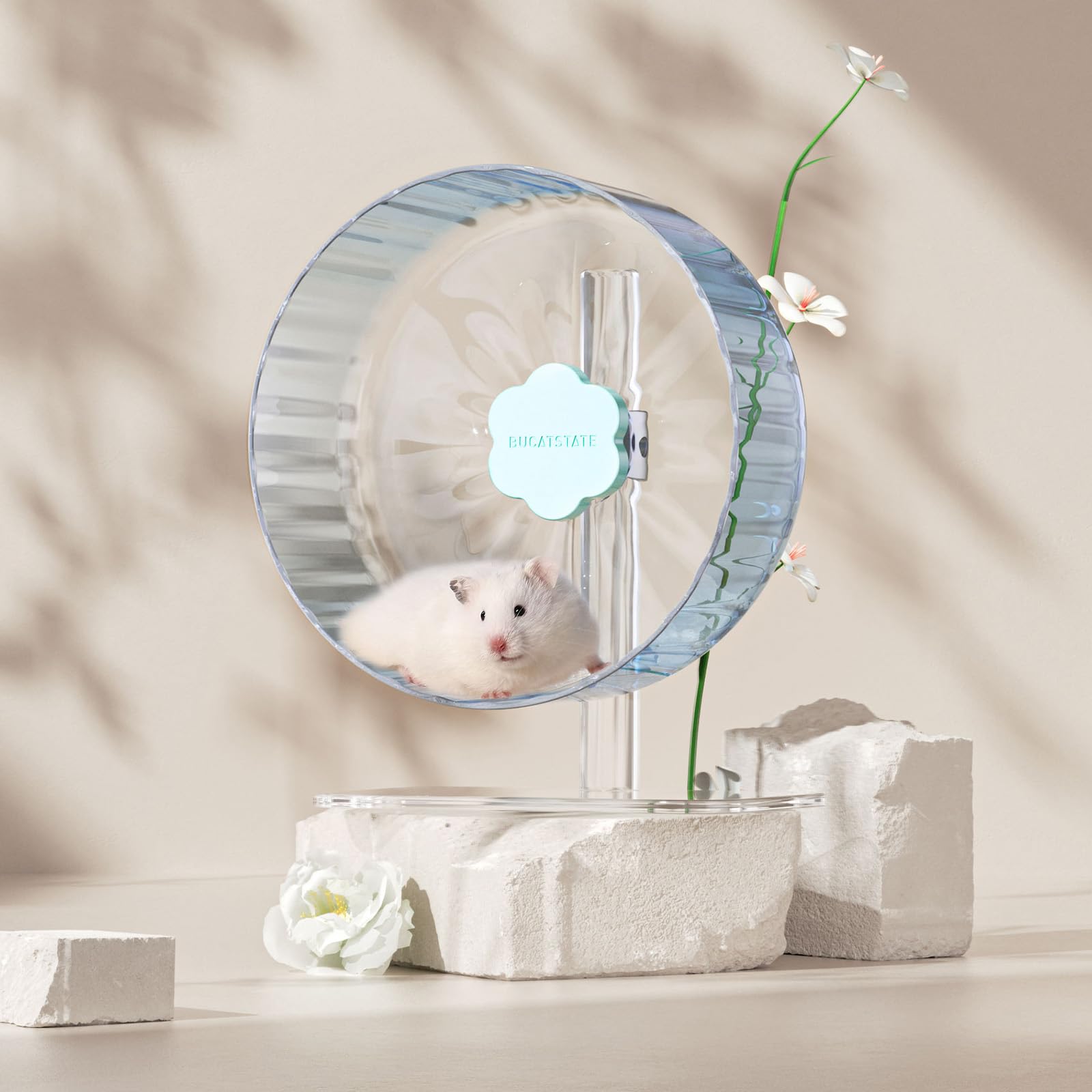 BUCATSTATE Rueda de hámster súper silenciosa, rueda de ejercicio de 10.2 pulgadas con rueda de pista más ancha para chinchilla, jerbos, ratones, hámster sirio enano (Starlight-2.0-azul transparente)