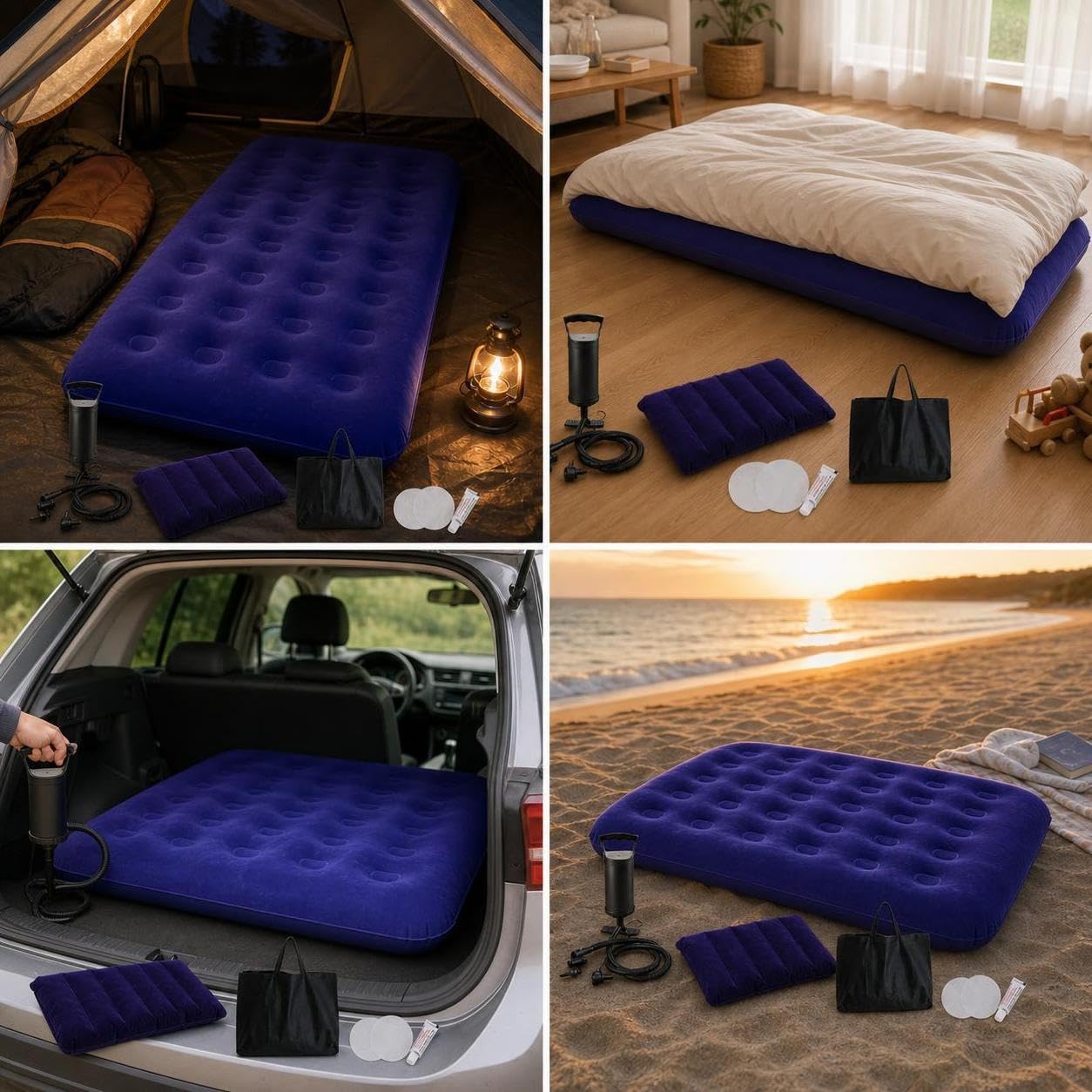 Colchón Inflable Portátil Camping Hogar, Plástico, Doble, Almohada, Bolsa, Material Compuesto, Uso hogar, Exterior, Incluye Bomba Manual, Cama Individual con Bomba eléctrica, 191 * 73 * 22cm