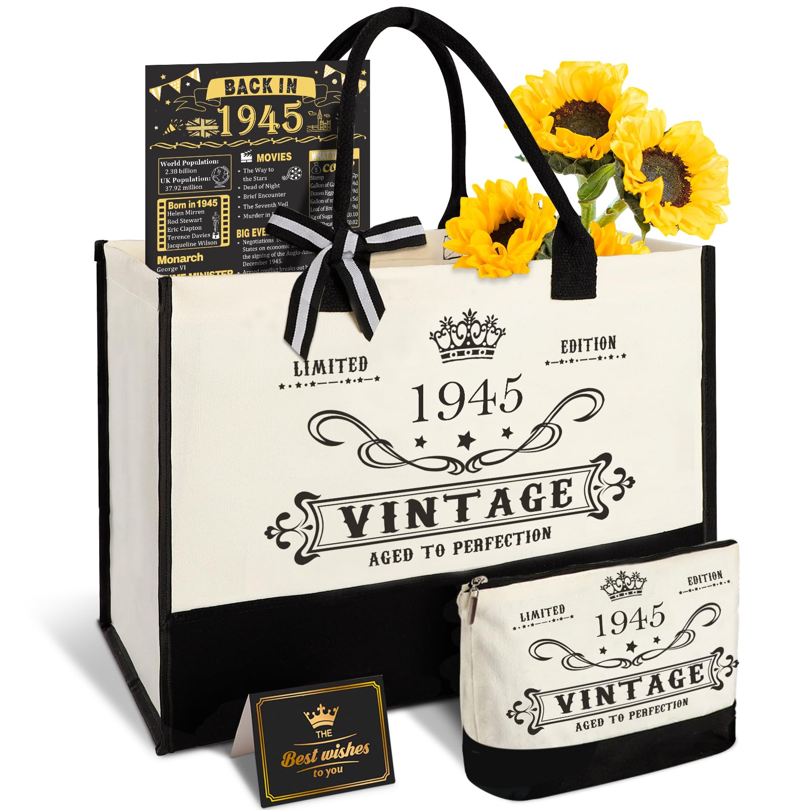 Amosking 81st Birthday Gifts for Women Canvas Tote Bag Travel Gear, Unique 81st Years Old Gifts for Mum Grandma Aunt Wife Sister Friends Her, Vintage 1945 Handbag & Makeup Bag & 81st Birthday Card
