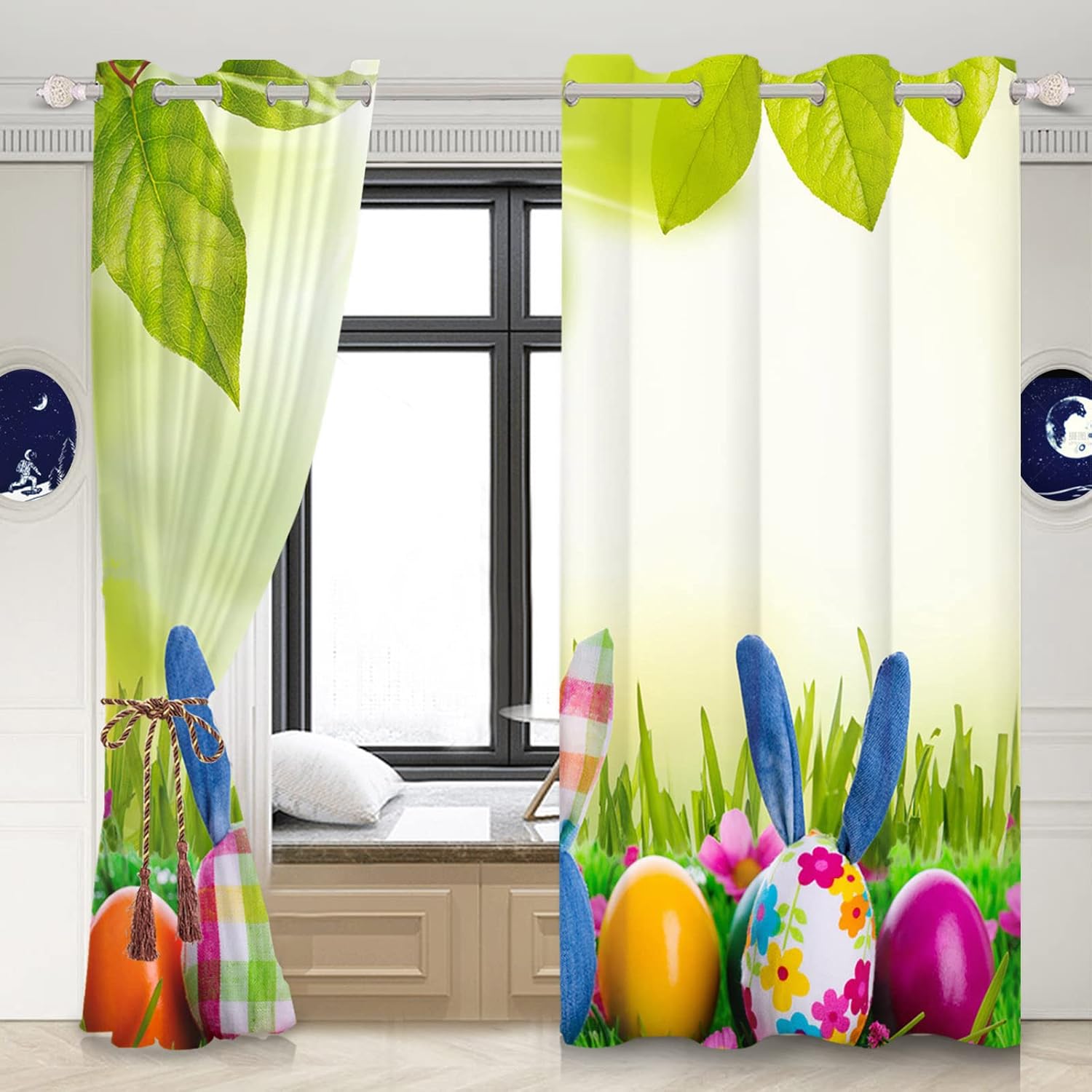Yeele 42x85inches Happy Easter Blackout Curtains Spring Grassland Colorful Eggs Pattern Print Grommet Window Curtain for Kids Adult Living Room Bedroom Decor Waterproof Polyester Drapes 2 Panels