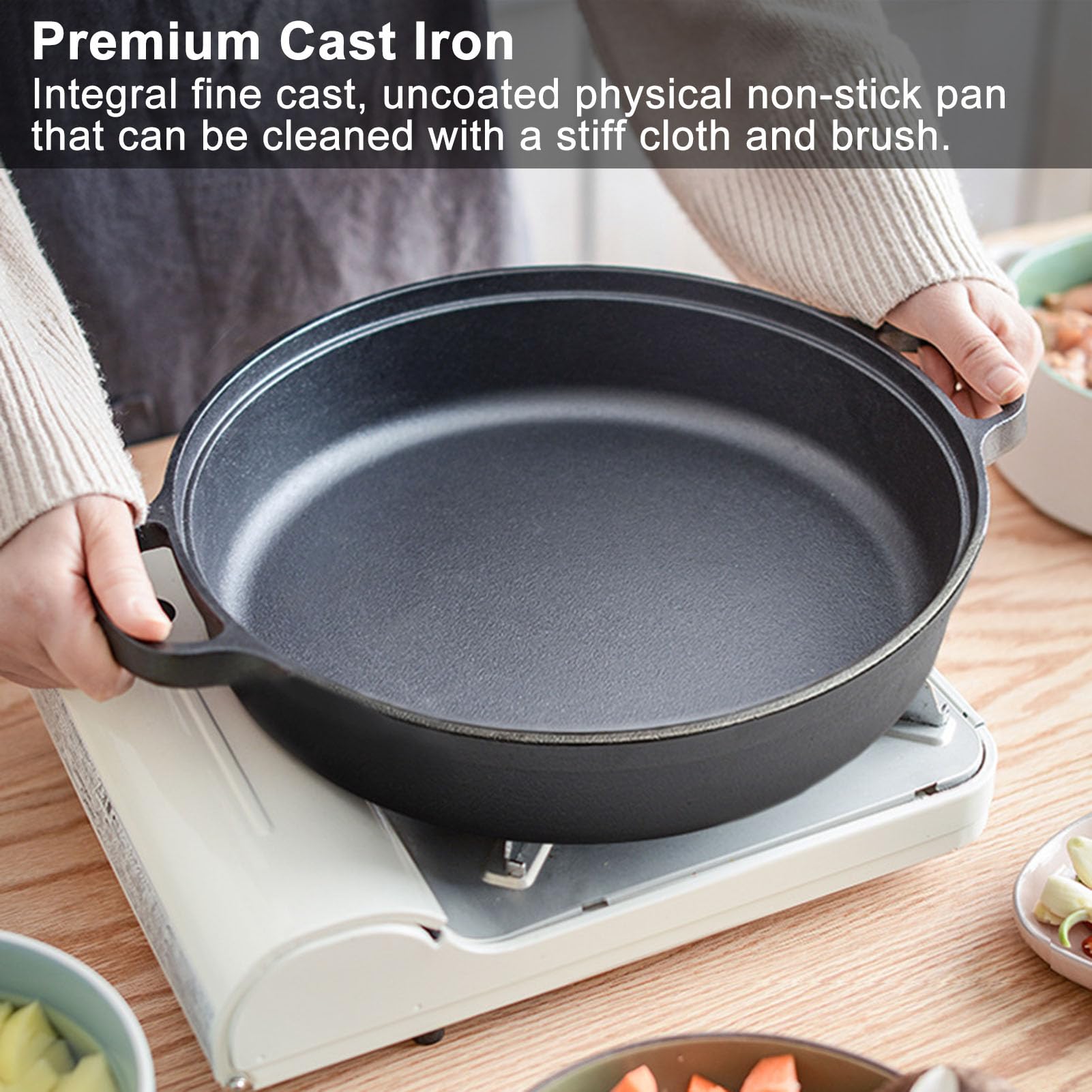 Sukiyaki Hot Pot, nieprzywierająca patelnia żeliwna, głęboka patelnia z drewnianą pokrywką, do Shabu Shabu, 28 cm