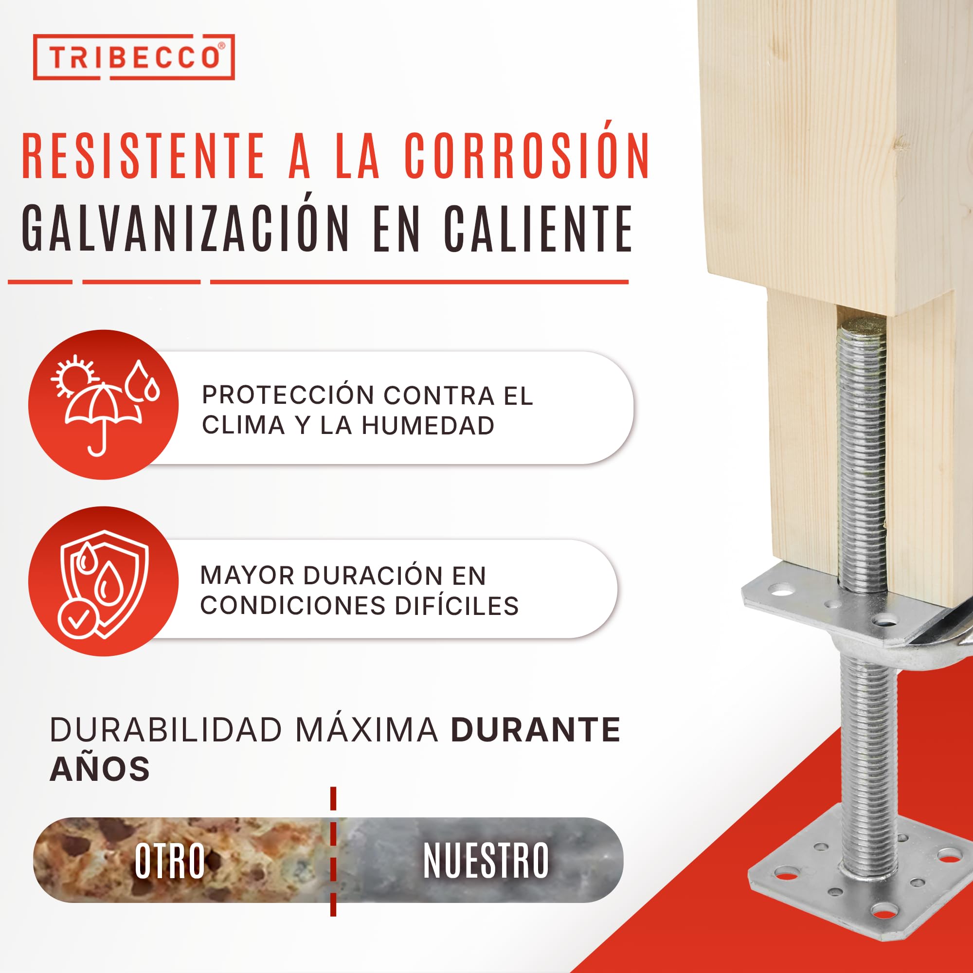 TRIBECCO Soporte vertical para postes ajustable (160 x 160 x 250 / rosca M 24), pie de soporte de altura ajustable, galvanizado, base de hormigón, para atornillar, regulable