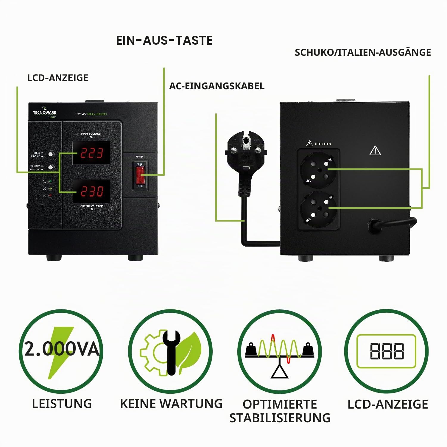 Tecnoware Power Systems Spannungsstabilisator 2000VA für Modem, Router, PC und kleine elektronische Geräte, schützt vor Stromschwankungen, ist kein USV, einsatzbereit