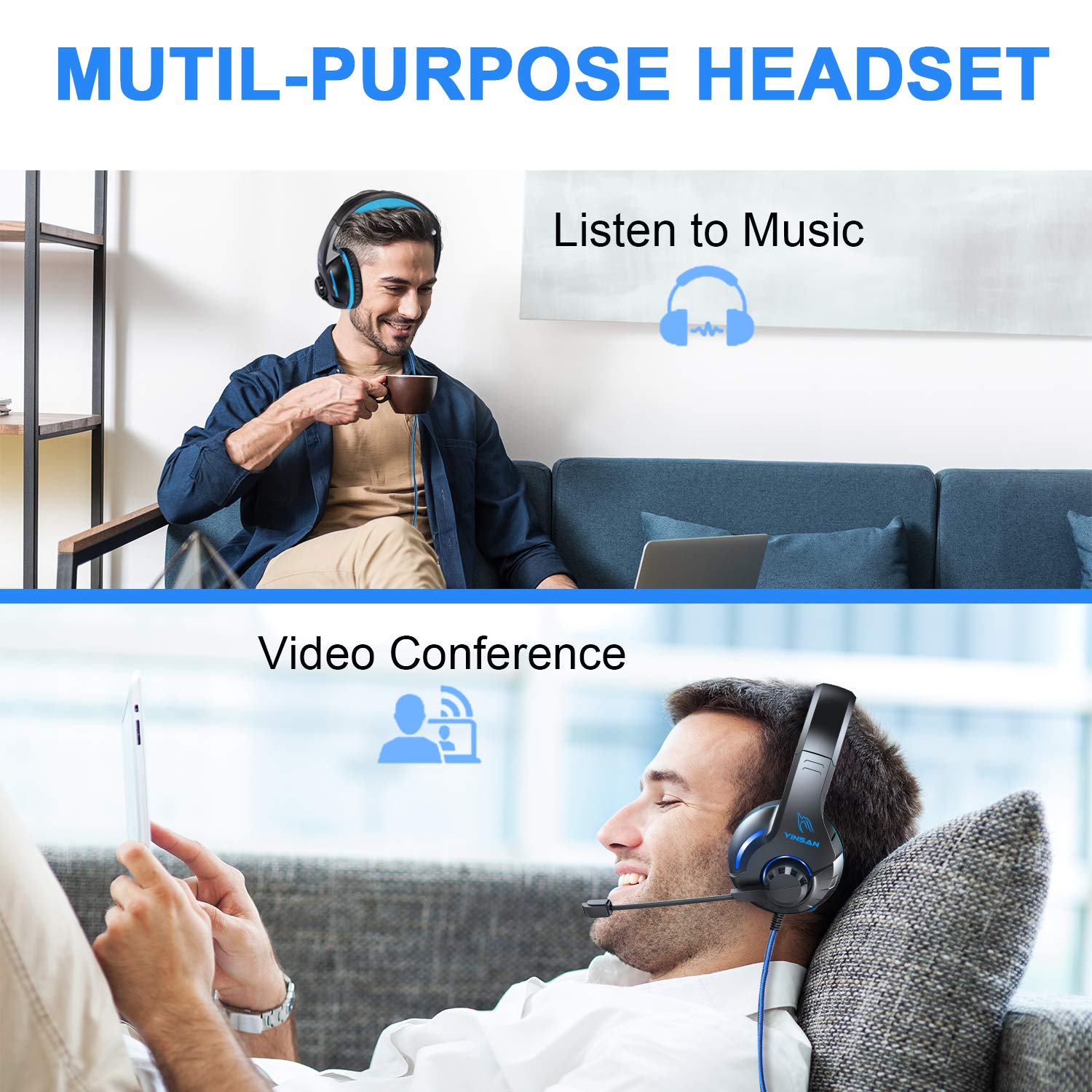 YINSAN Cuffie Gaming con Microfono per PS5 PS4 PC Xbox One Nintendo Switch Xbox, Cuffie da Gioco Cablate Over Ear con Cancellazione del Rumore, Stereo Bass Deep, LED Luce, Leggero, Blu