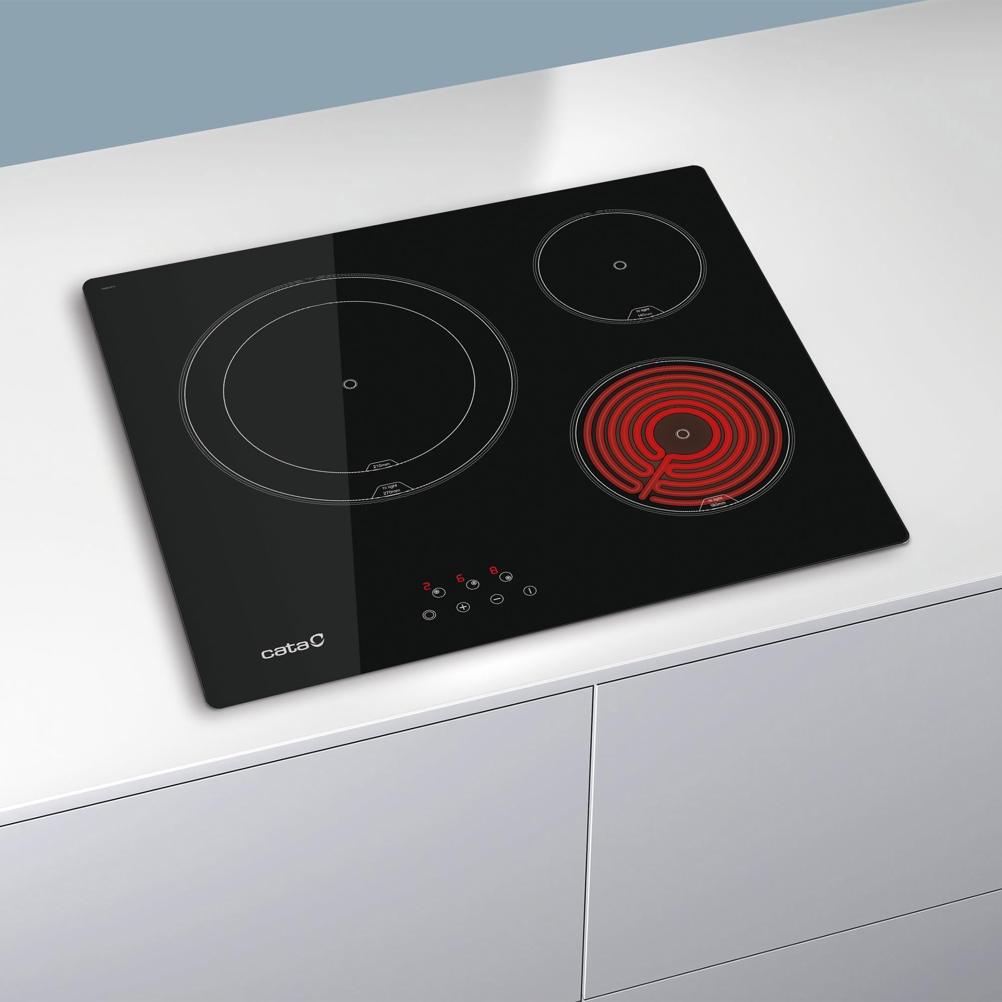Cata Placa Vitrocerámica TD 6003 BK/A, 3 Zonas de Cocción, High Ligh,t Ancho de 59 cm, 9 Niveles de Potencia Regulables, Control Táctil con Avisador acústico, Potencia 5,4kW, Color Negro