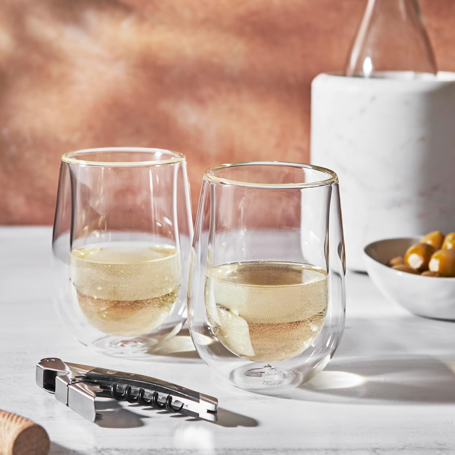 ZWILLING Sorrento Double-Wall Stemless White Wine Glasses with Waiters Corkscrew 3-pc Set
