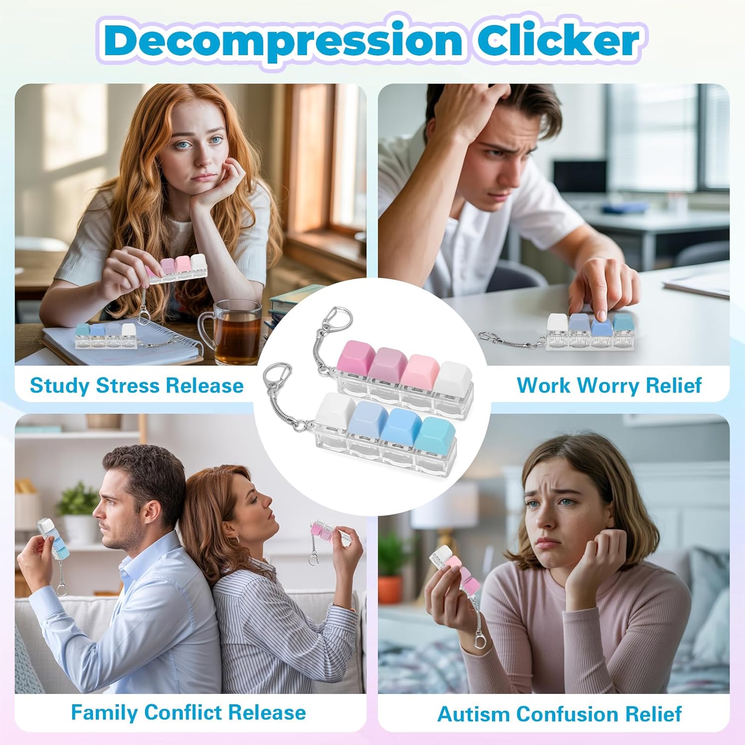 2 PCS Keyboard Fidget Toys for Adults Silent and Loud Keyboard Clicker Keychain Sensory Toy for Anxiety Stress Relief Autism (Blue&Purple, 4 in 1-2P)