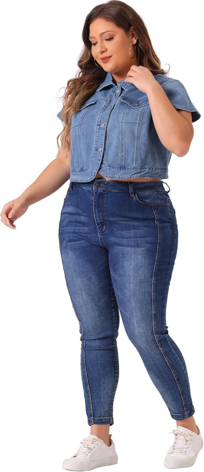 Agnes Orinda Plus Size Short Sleeve Denim Jackets for Women Y2K Button Down Tops Streetwear Cropped Jean Jacket - Image 3