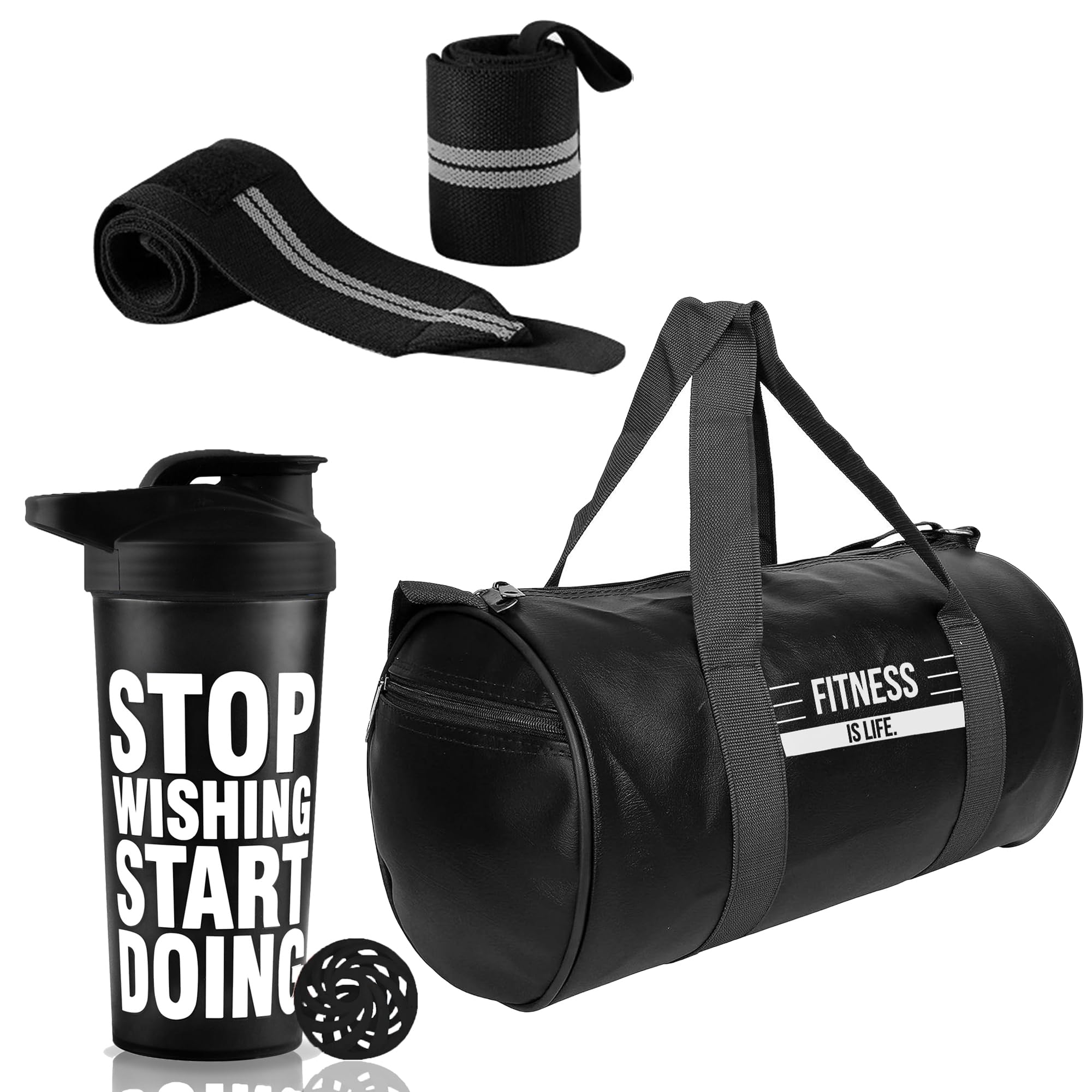 Gym Shaker Bottle 700 ml with Gym Duffle Bag & Wrist Support Band | Shoulder & Travel Gym Bag Gym Leather Gym Bag for Fitness Sports Gym Bags for Men & Women for Gym Backpack (Black)-image-45