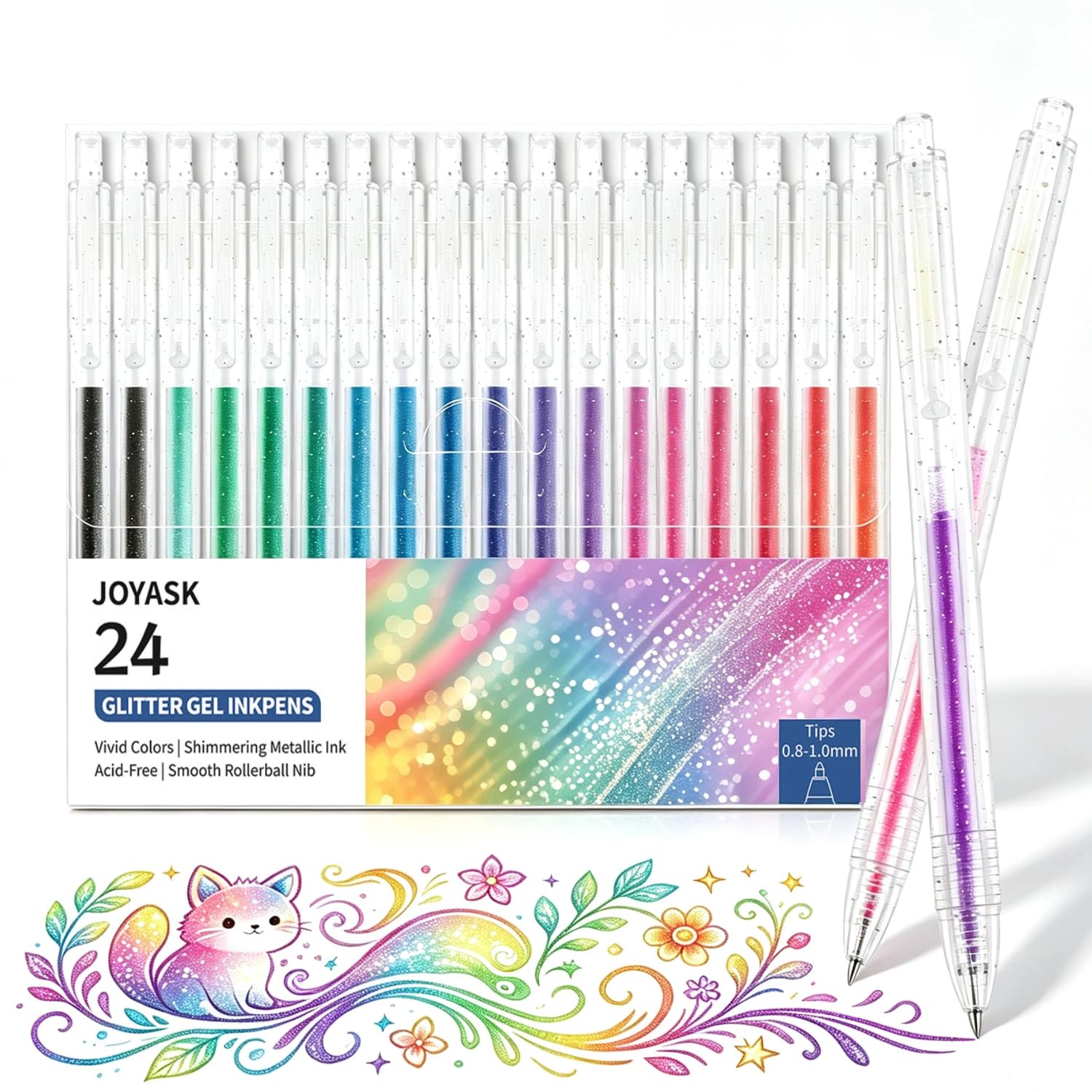 Joyask Glitter Gel Pens, 24 Colors Metallic Vibrant Retractable Sparkle Gel Pens for Coloring Journaling Drawing Doodling Colored Pen for Kids Adult