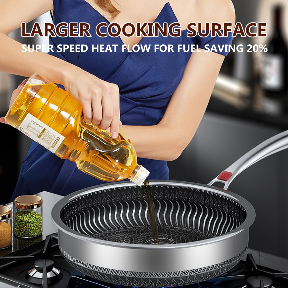 10", Non Stick Frying Pans 12 inch Stainless Steel Frying Pan with Lid Scratch-Resistant Coating Skillets Dishwasher & Oven Safe Induction Compatible Cookware/11"