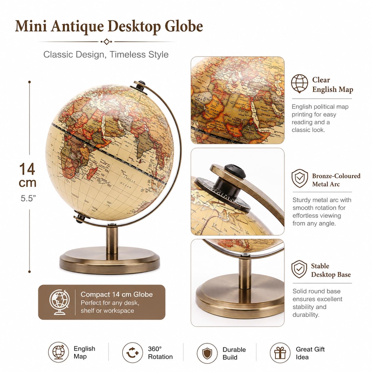Exerz 14cm Antiker Globus- Englische Karte - Metallbasis Bronzierte Farbe - Pädagogische/geografische/moderne Schreibtischdekoration - für Schule, Zuhause und Büro