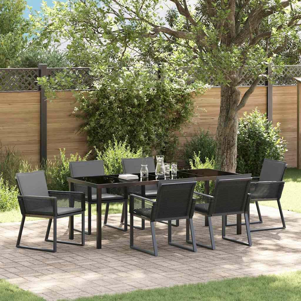 Juego de 7 muebles de jardín de acero recubierto de polvo negro, polirratán con cojines, 6 plazas, resistente a la intemperie, para terraza, balcón, resistente a los rayos UV, fácil de