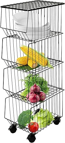 Miniatura 7 de Cesta de frutas y verduras apilable de 4 niveles con ruedas, cesta de frutas de acero al carbono para verduras, frutas, aperitivos, juguetes,