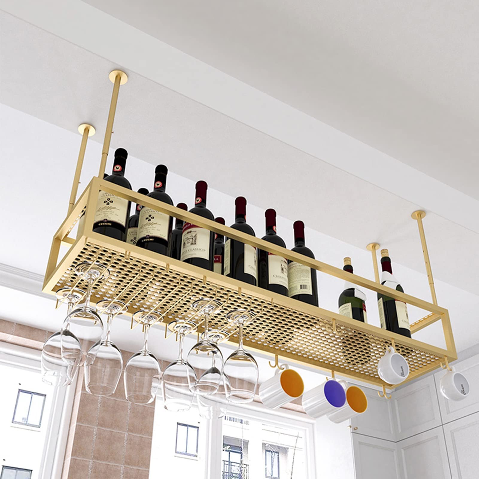 Porte-bouteilles flottant de plafond doré DASHADAO avec support pour verres à pied de bar