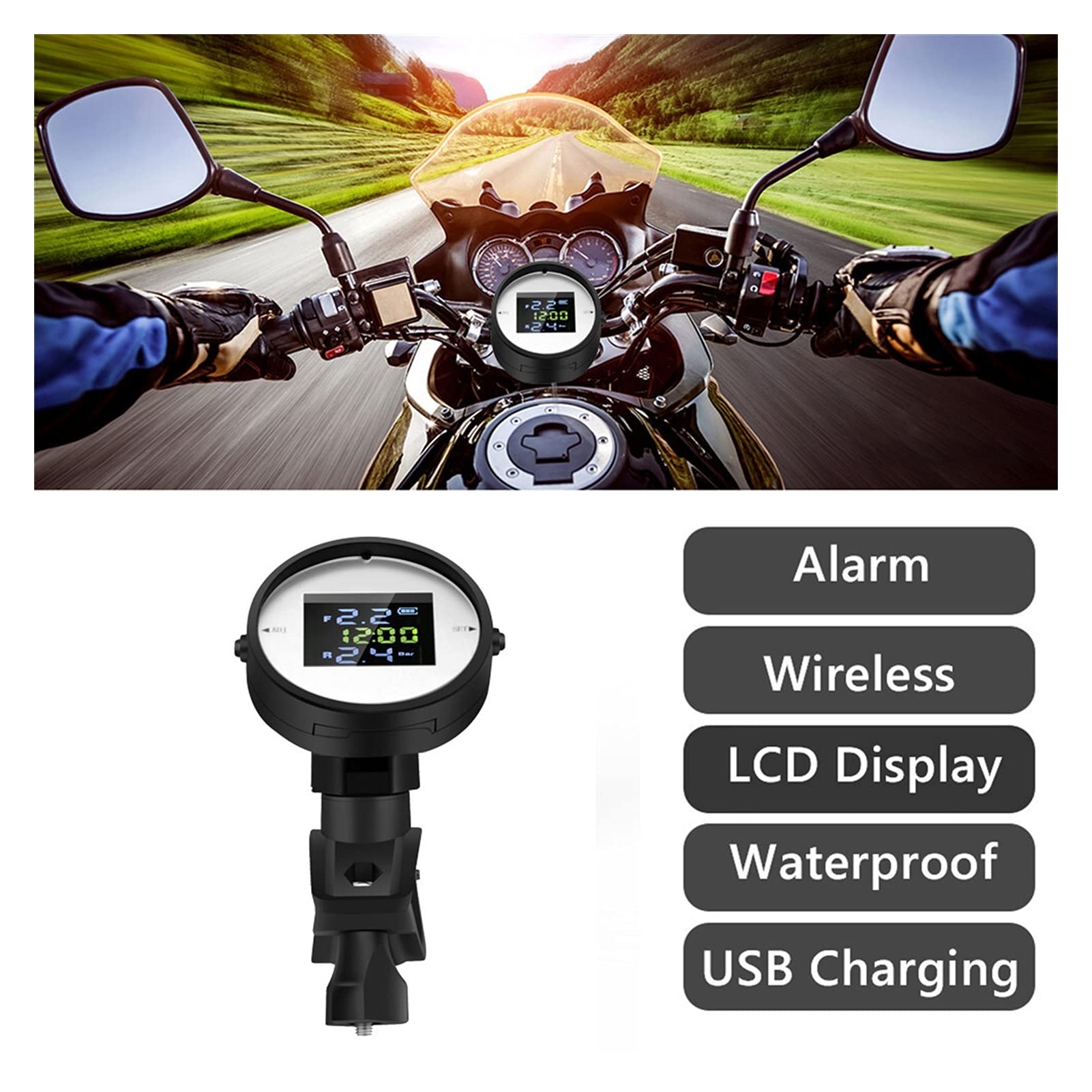Strumenti di controllo della pressione dei pneumatici Motociclo TPMS. Per il sistema di monitoraggio della pressione del pneumatico digitale della moto motoria motoria moto impermeabile con 2 sensori
