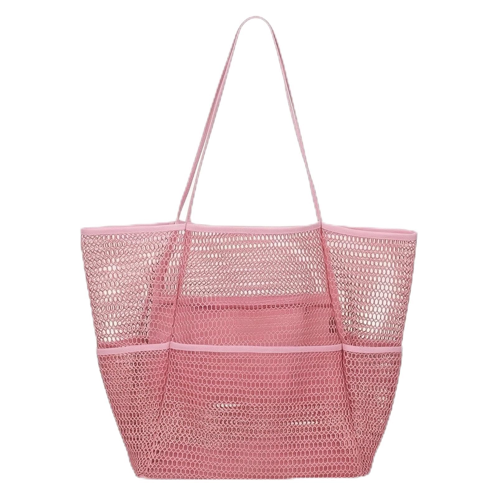 Mesh Beach Tote Compact Pocketed Beach Tote Exterior Pockets Pink-image-41