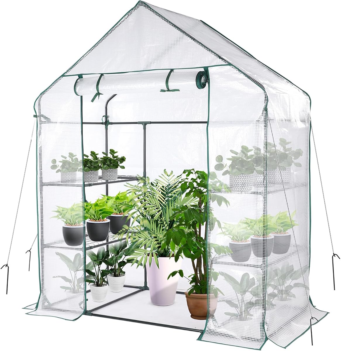 56x30x76 Walk-in Greenhouse for Outdoors, Portable Plant House with Shelves | White PE Cover, Three Shelf Levels on Each Side, Roll-Up Zipper Door, Steel Frame, Anchors and Ropes for Seedlings and Herbs