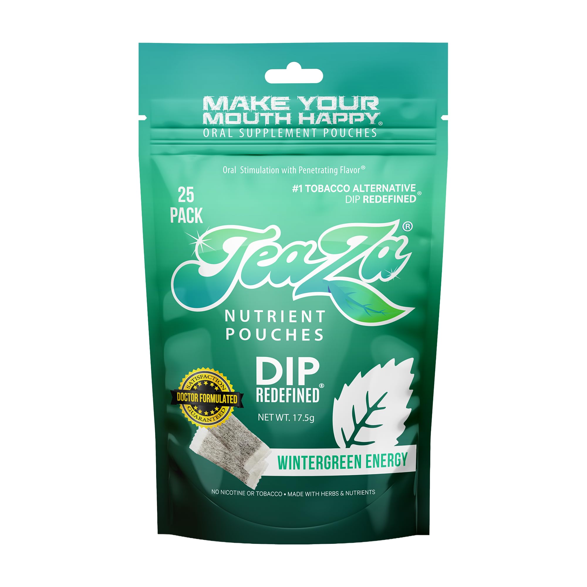 Teaza Herbal Energy Pouches Tobacco Alternative Nicotine Free Dip, Smokeless Alternative Snuff Healthy Dip Pouches, Wintergreen Energy (1 Pack) Tobacco Free Chewing with Premium Cool, Crisp Flavor