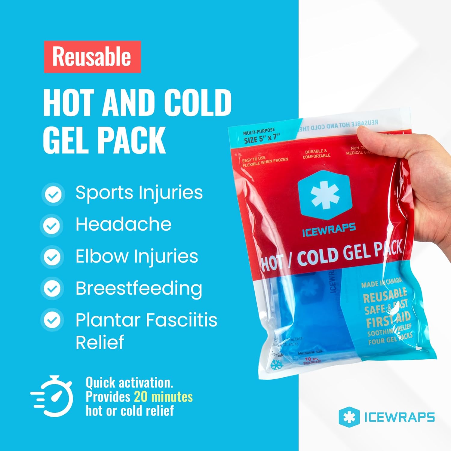 ICEWRAPS 5×7 Ice Packs for Injuries Reusable | Hot Cold Gel Pack for Injuries, Pain Relief, and Migraines | Soft Ice Pack for Arm, Leg, and Back Brace | Flexible Gel Compress Ice Packs | Pack of 4