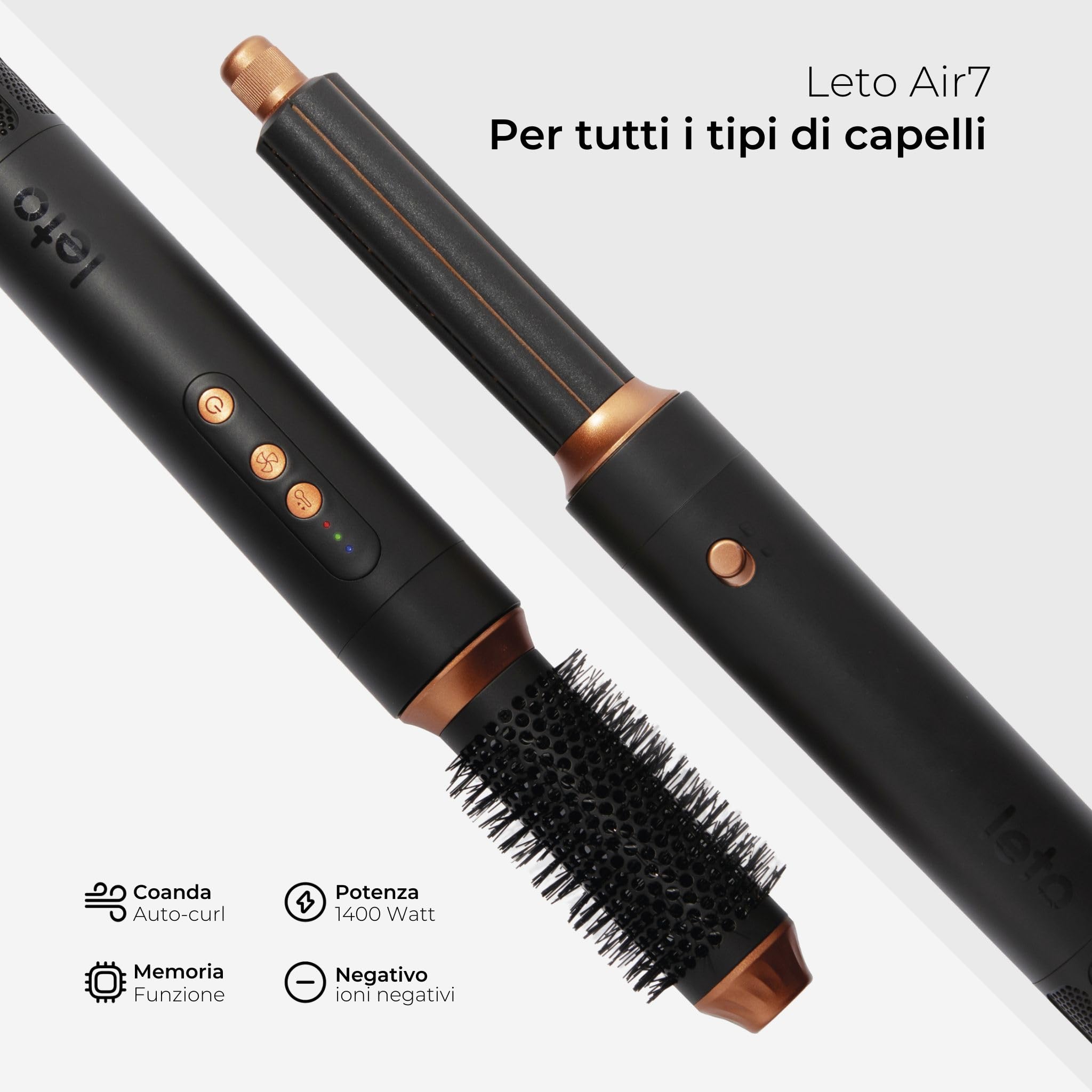 Leto 7in1 Spazzola ad aria calda e asciugacapelli – spazzola rotonda, ferro arricciacapelli, piastra, diffusore, concentratore, Coanda, ioni, 1400W