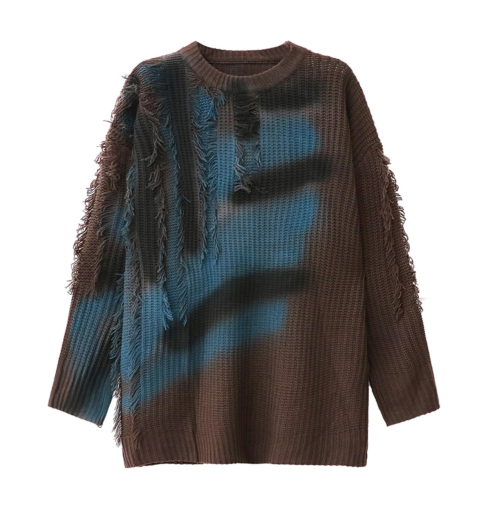 Damski Luźny Sweter Oversize z Okrągłym Kołnierzem, Nadrukiem, Postrzępionymi Krawędziami i Frędzlami, Sweter Casualowy
