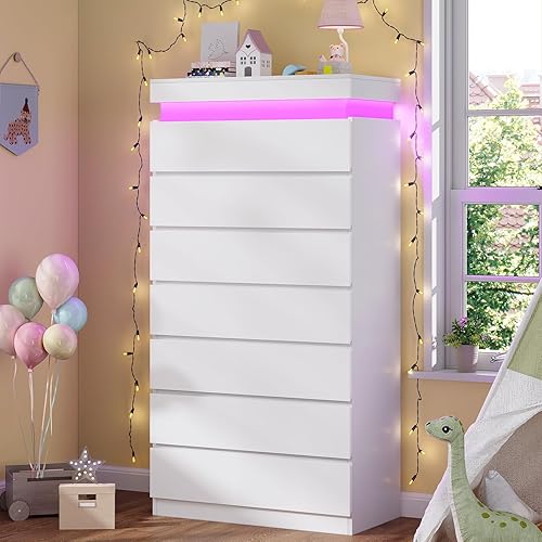 Miniatura 10 de Cómoda alta con 6 cajones y luz LED, cómoda moderna en blanco para dormitorio, cómodas de armario con cajones para sala de estar, entrada, pasillo