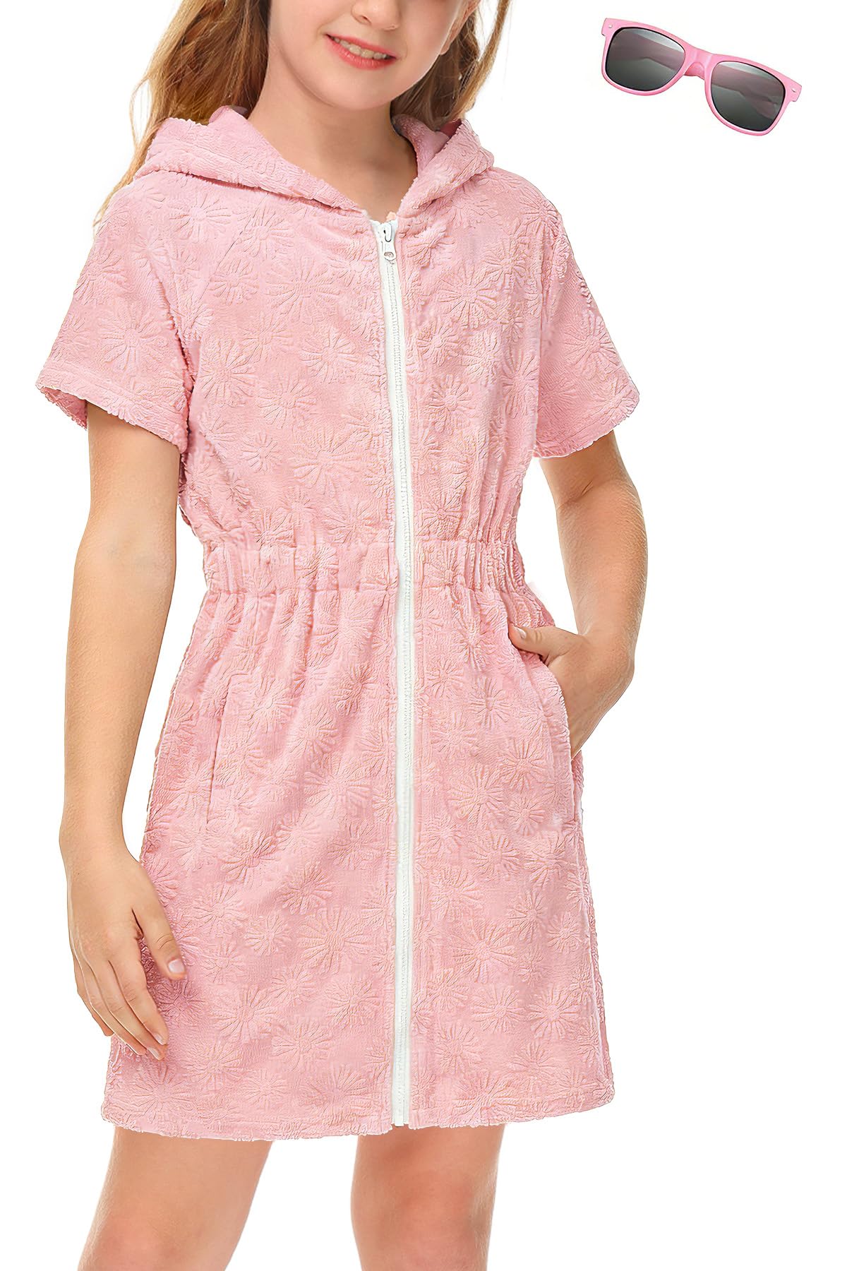 BesserBay Girls Swim Cover Up Beach Bathing Suit Coverups for Swimwear Zip-Up Terry Cloth Robes with Sunglasses 6-14 Years