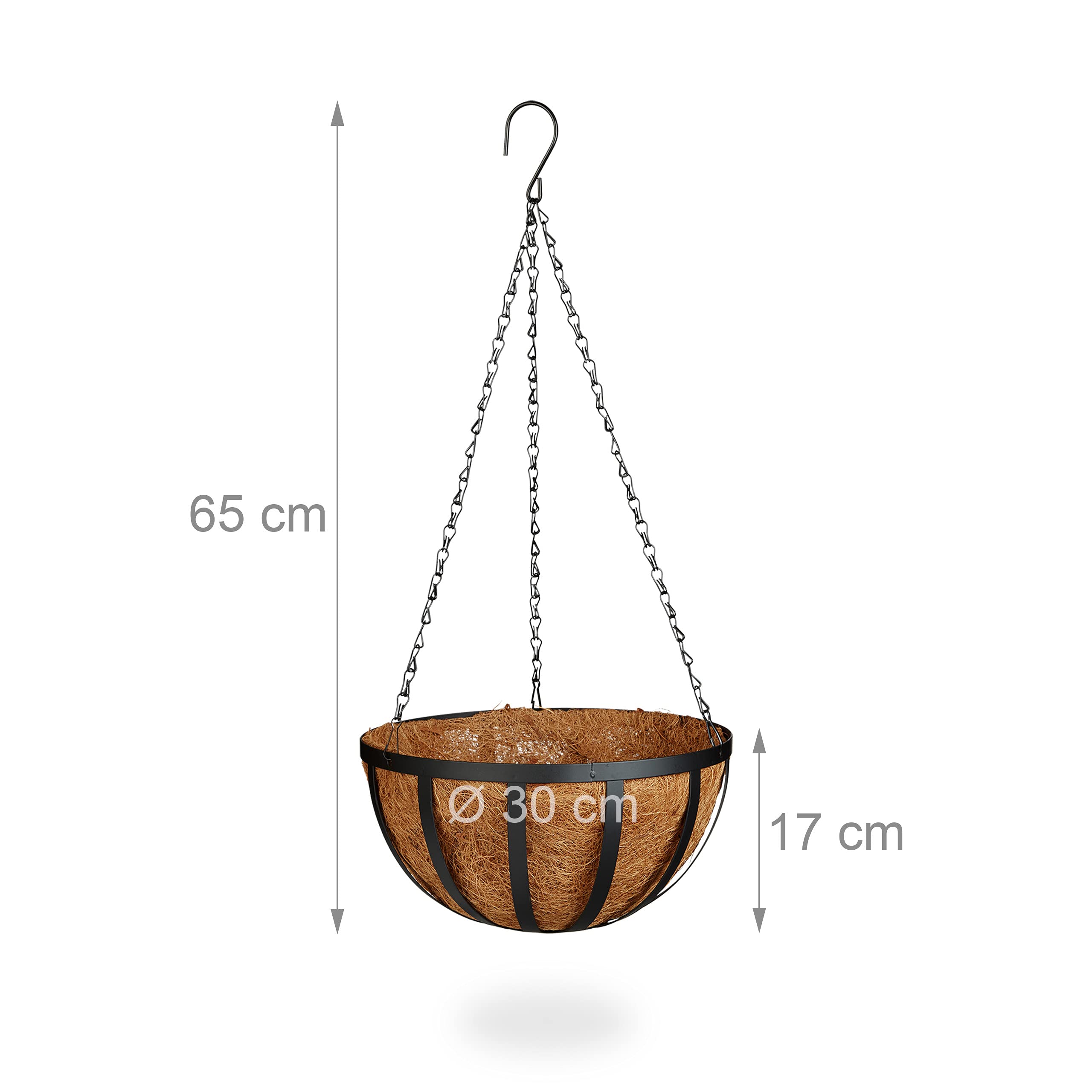 Relaxdays Pot de fleurs suspendu panier plantes coco lot de 3 30 cm diamètre 21 L avec chaîne, marron