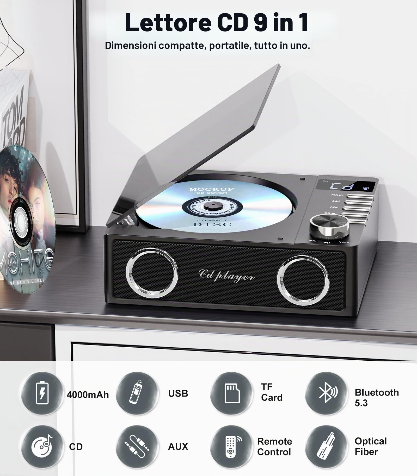Greadio Lettore CD portatile Discman Lettore CD, protezione antiskip 4 suoni EQ, scheda TF/uscita AUX, piccolo lettore musicale, compatibile con CD-R, CD-RW e MP3 per