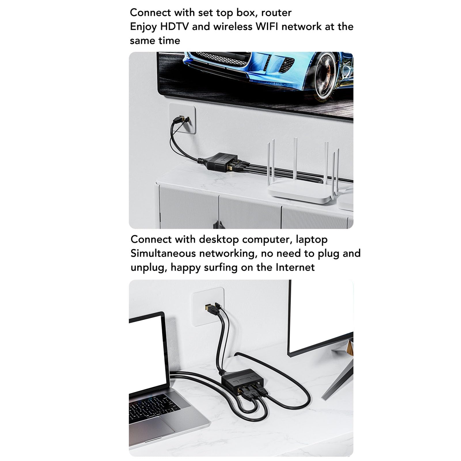 Network Splitter 1 to 3 with USB Cable, 1000Mbps RJ45 Ethernet Adapter, for TV Router, High Speed Internet Connection, ABS Sturdy Material