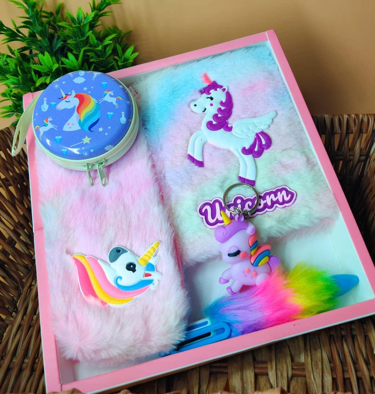 Unicorn Fur Diary For Girls (1 Set 5 Items) - Note Book, Kids Pencil Pouch, Cartoon Coin Pouch Keychain - Birthday Return Gifts Box, Multicolor