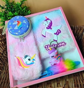TERA13 Unicorn Stationery Gift Set for Girls with Furry Diary, Pencil Pouch, Pen, Coin Purse & Keychain (Pack of 5 Item) School Supplies Kit, Birthday Return Gift Combo for Kids