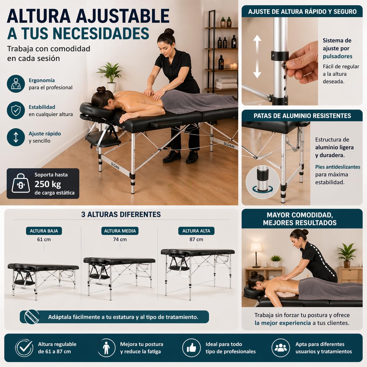 Sloan Camilla de Masaje Profesional de Aluminio – Plegable y Portátil – Altura Ajustable – Tapizado Resistente al Agua y Aceites – para Fisioterapia, Estética y Rehabilitación