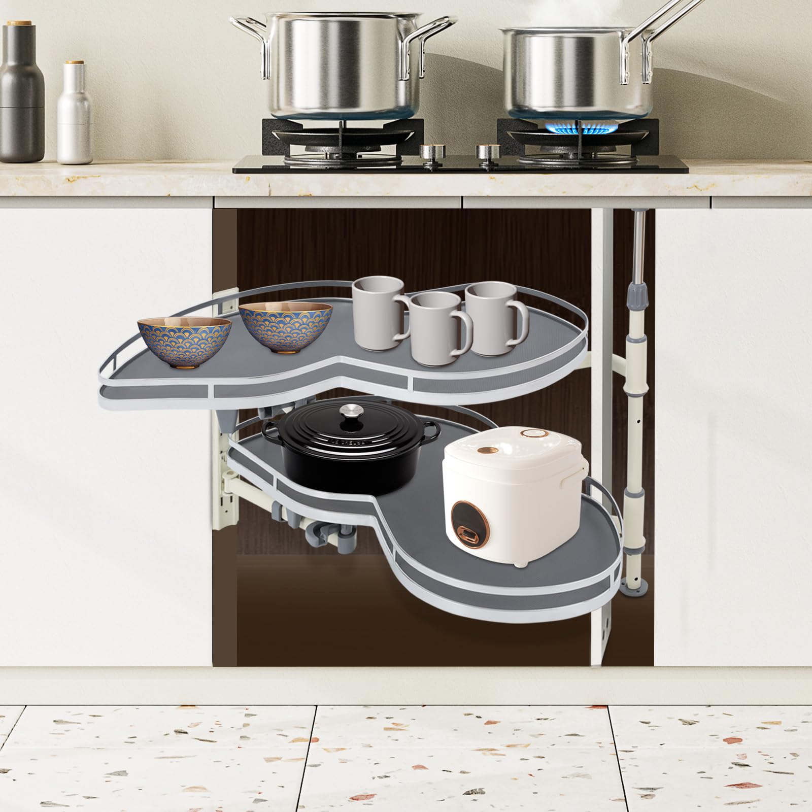 Swing Left Blind Corner Cabinet Organizer, 2-Tier Left Pull Out Kitchen Organizers for 33.86-inch Width Blind Cabinet, Adjustable Height, Soft Close, Withstand 33 lbs (Carbon Steel, Grey+White)
