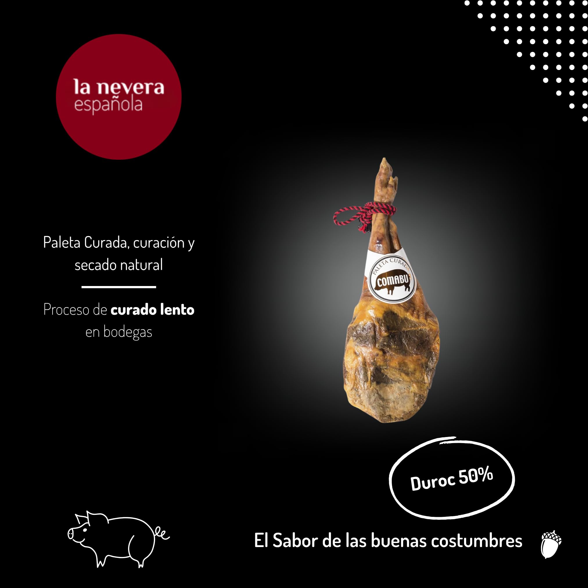 La Nevera Española | Paleta Curata, Porta Prosciutto, Coltello e Grembiule | Peso 4,5 KG | Curación Minima 10 Mesi | Prosciutto Comabu | Il Prosciutto della Nevera Española