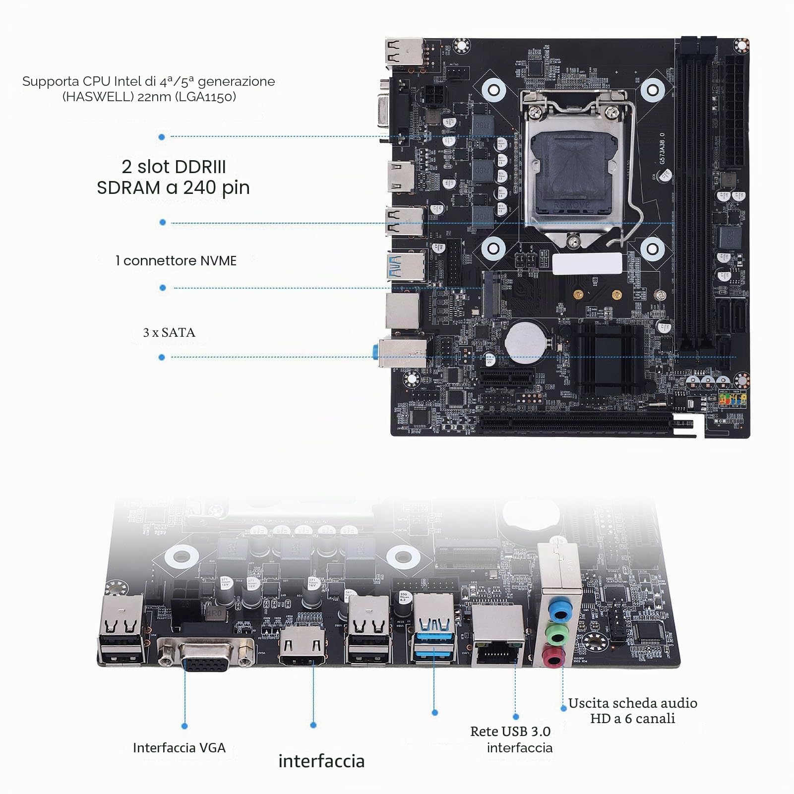 Scheda Madre da Gioco H81, Scheda Madre PC LGA 1150 ATX, Memoria DDR3 2x8GB M.2 NVME, NGFF SATA 3.0 6GB/S Pci E
