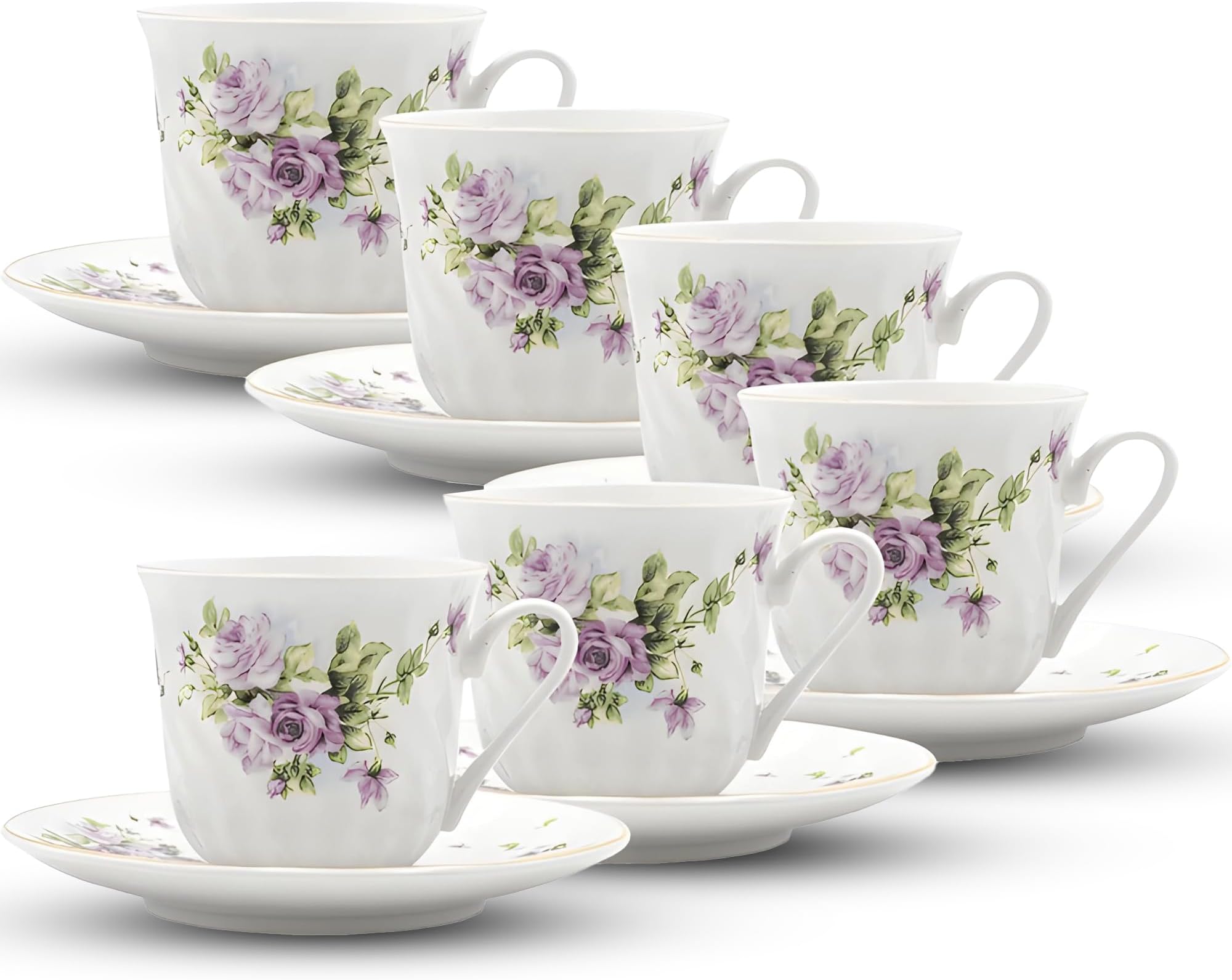 Lynns Lucinda Porcelain Tea Cup and Saucer with Gold Trim, Set of 6; Vintage Floral