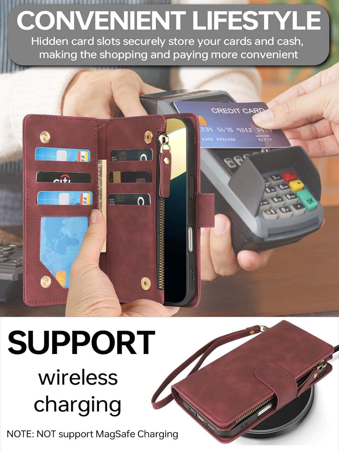 RANYOK Wallet Case Compatible with iPhone 17 Pro Max Case, with 6 Card Holder RFID Blocking, PU Leather Zipper Flip Wallet Pocket, Kickstand, Wrist Strap | Protective Phone Cover, Wine Red - Image 4