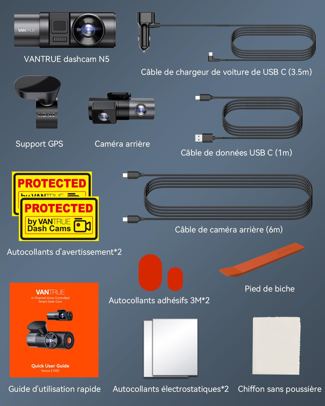 VANTRUE N5 4-Canaux Dashcam 2.7K+3x1080P HDR, 360 degrés STARVIS 2 Camera Voiture Avant Arriere, 5GHz WiFi GPS Caméra Embarquée Infrarouge, Contrôle Vocale Français 24h. Mode Parking Tampon, Max 512G