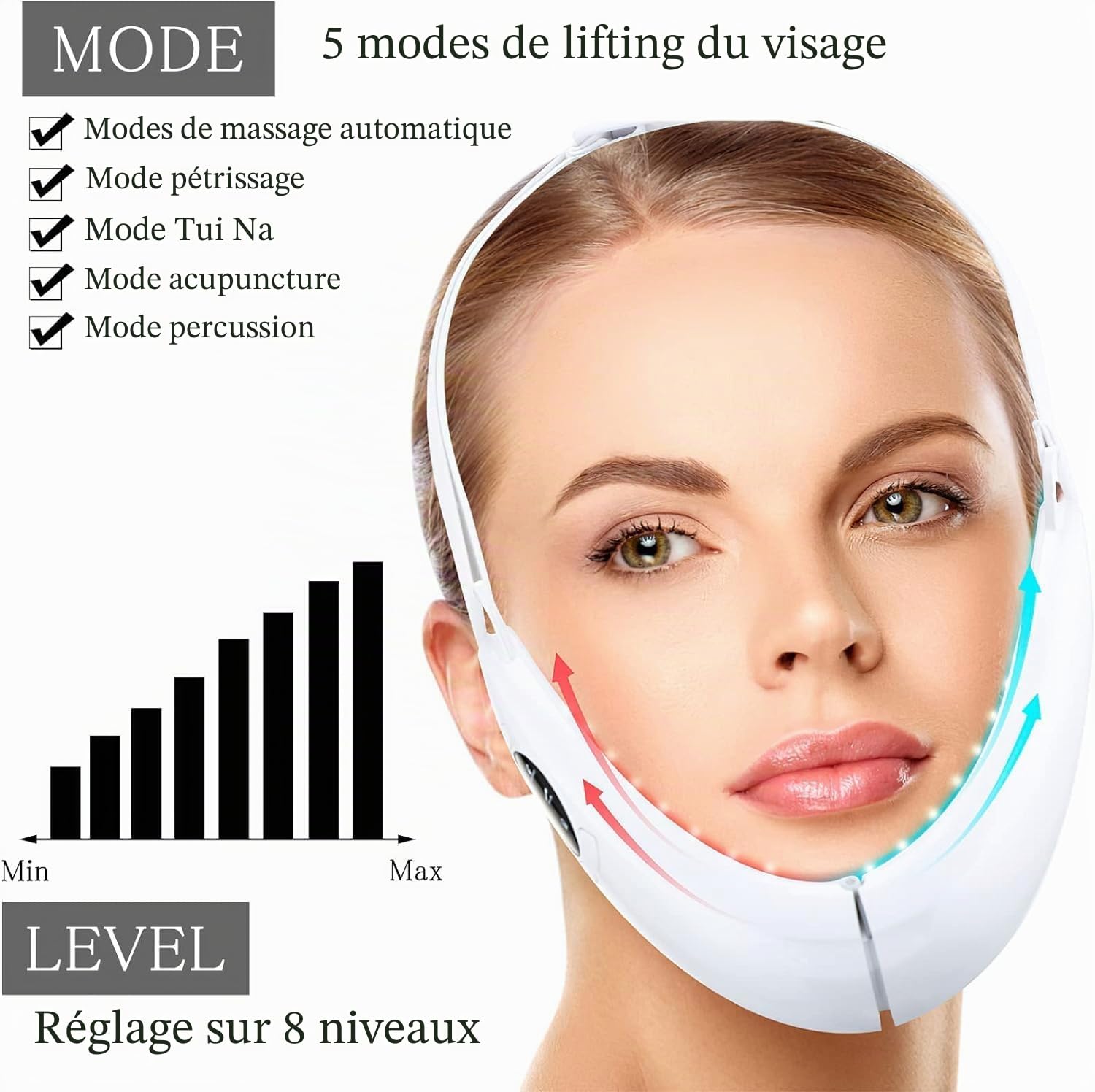 Éliminateur de Double Menton Appareil, Intelligent Lifting Visage Masseur Visage, EMS V Face Lifting Appareil Anti Rides Visage EMS Micro Courant Visage Double Menton Réducteur