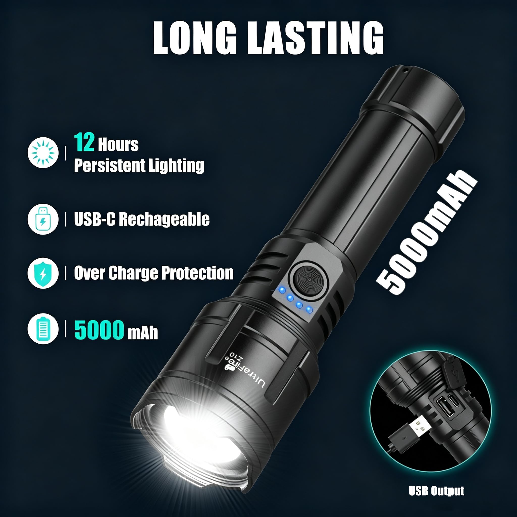 ULTRAFIRE Torcia ad alta luminosità con lente di accensione, 1500 lm, super luminosa, zoomabile, torcia tattica con fondina, ricarica inversa, 3 modalità, luce LED ricaricabile per campeggio