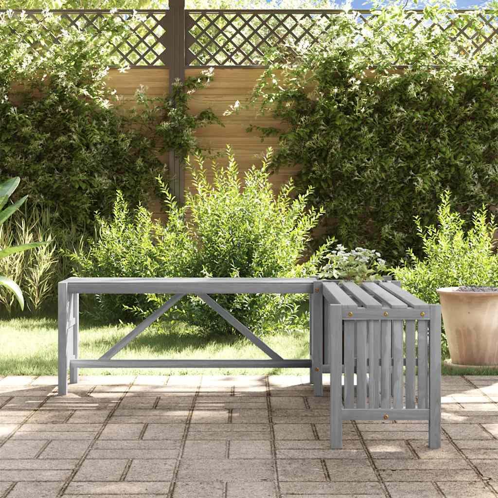 Mangloder Banco esquinero de madera maciza de acacia gris con macetero de 117 cm, resistente a la intemperie, asiento para terraza, balcón y jardín delantero con respaldo y reposabrazos