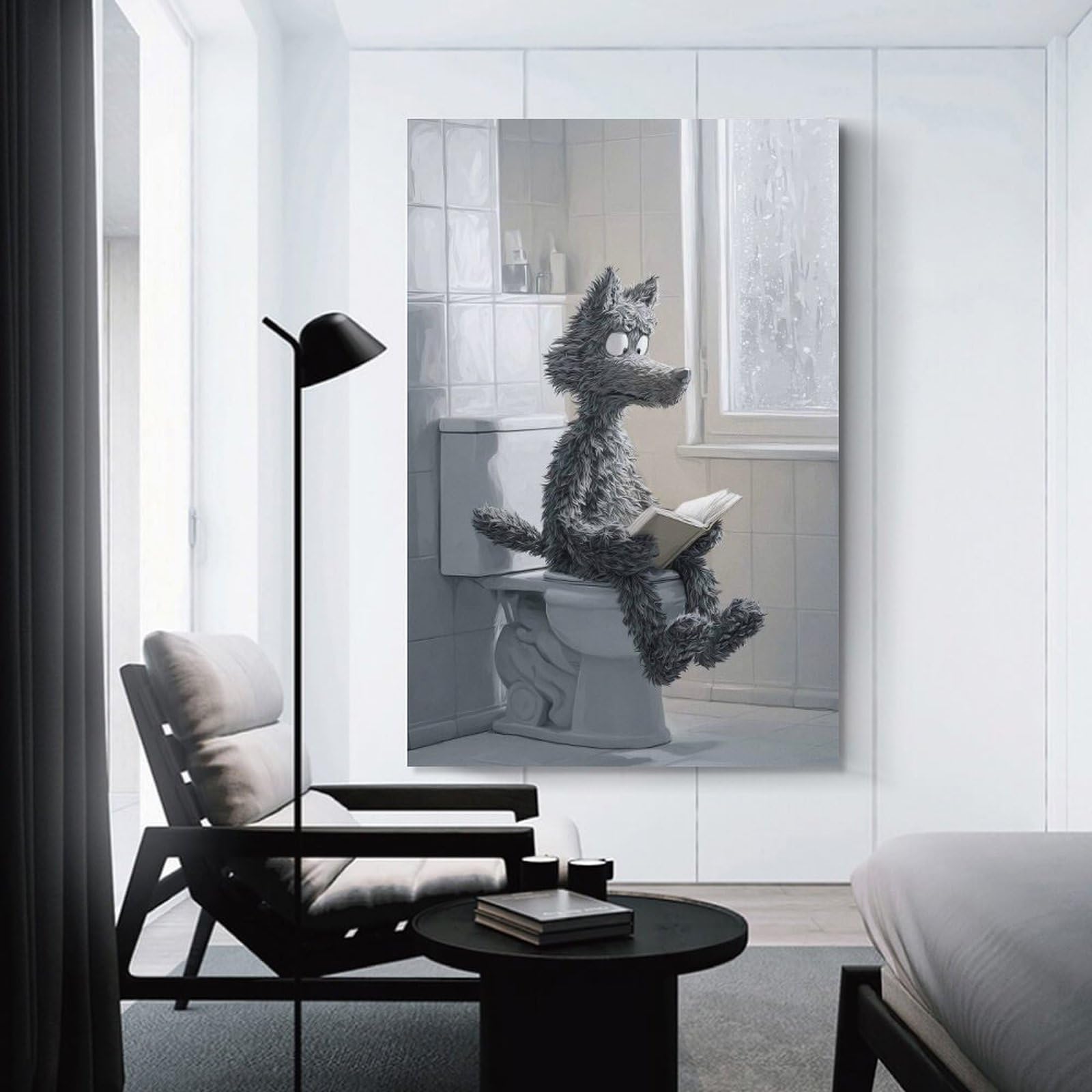Junmoney Wolf Reading on Toilet During Rain Decorative Wall Artwork, 08x12inch(20x30cm), for Corridors, Hallways Or Apartment Entries, Home Artwork for First Impressions