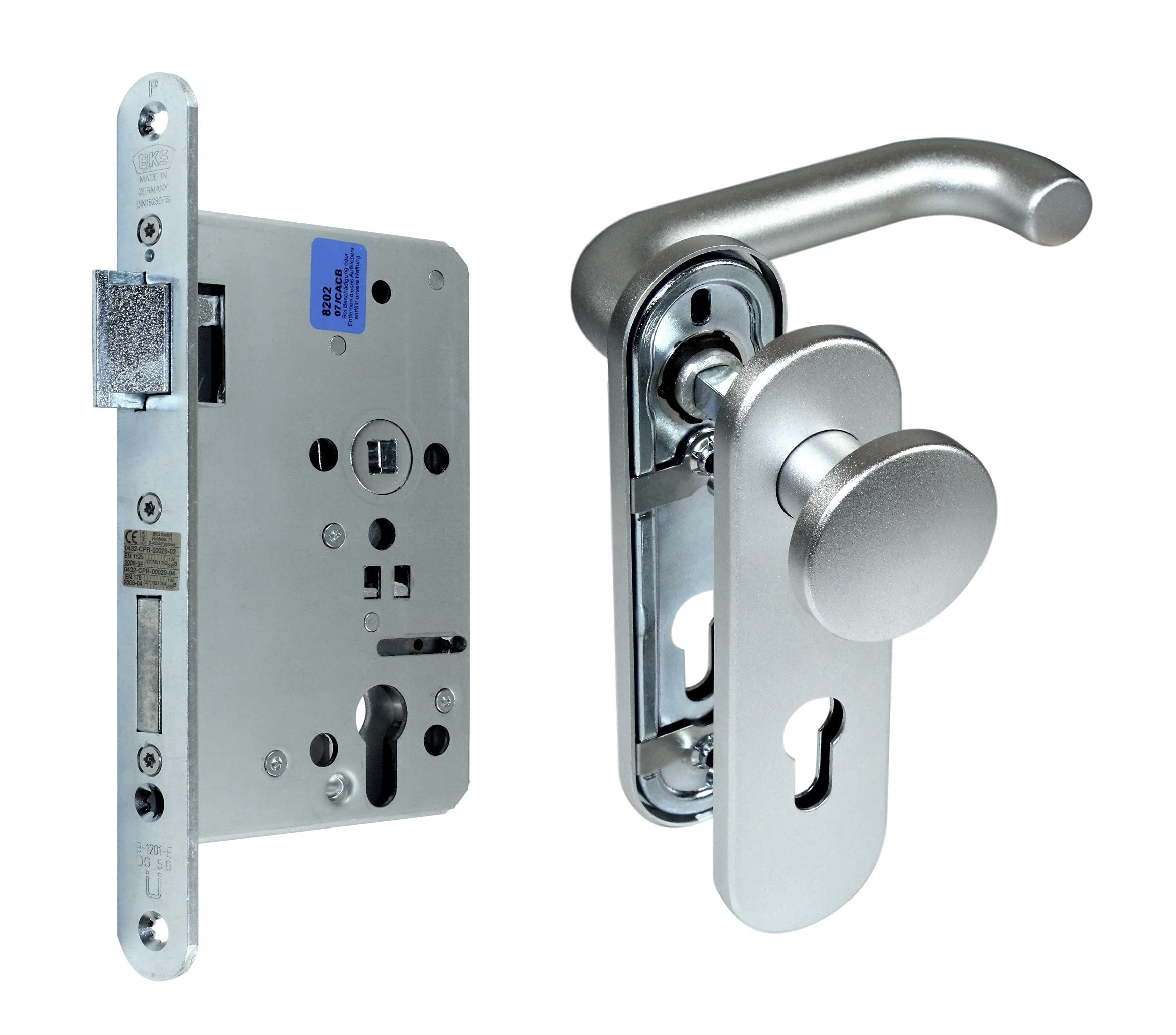 SN-TEC Paniktür Stahltür/FH Tür Set Aluminium Beschlag (einseitig Knauf) + FH Panikschloss Funktion E, DIN Links