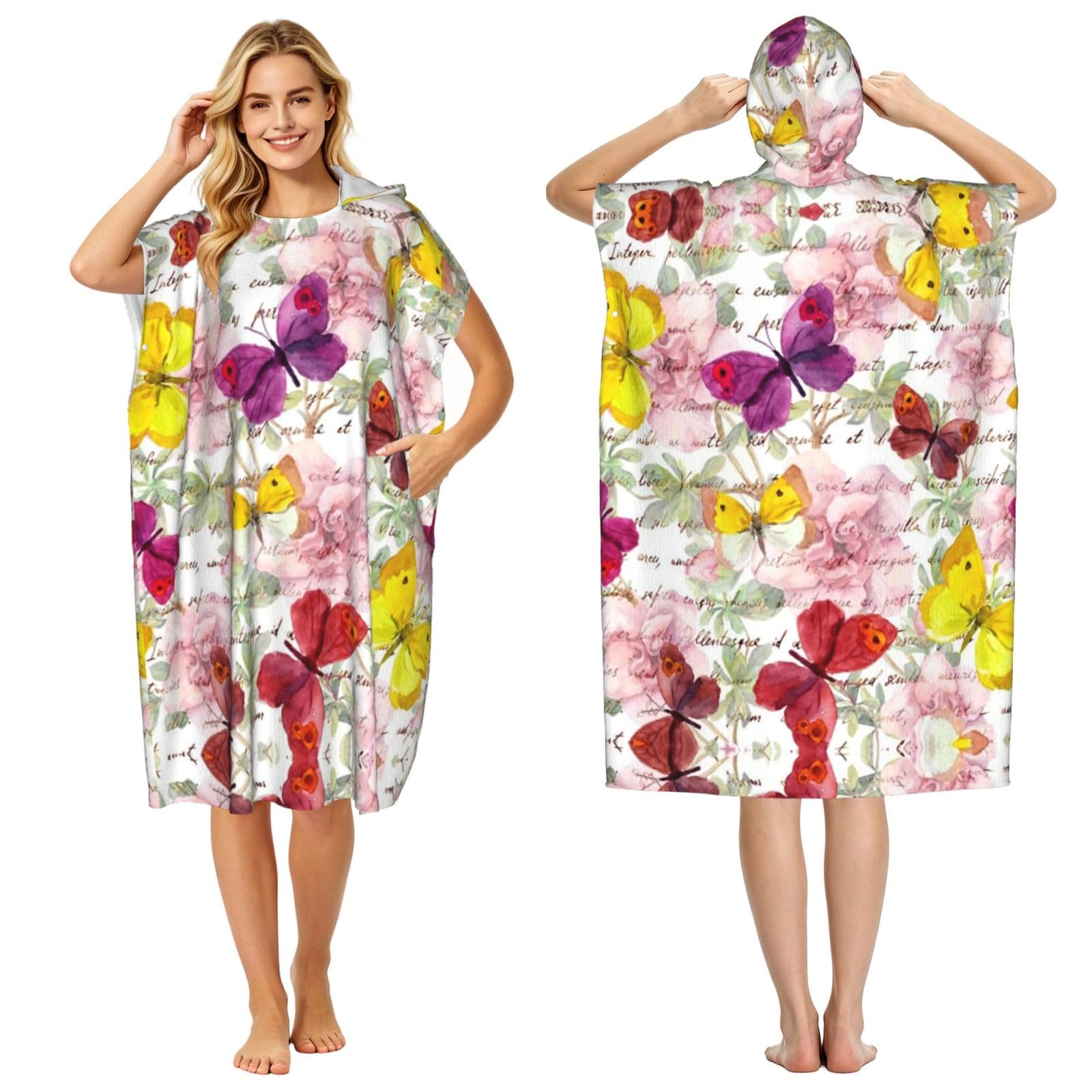 ESNAIUVCD Butterfly Print Changing Robe, Hooded Towel Poncho For Swimming Pool, Beach,Quick Dry Light Weight Towelling Poncho