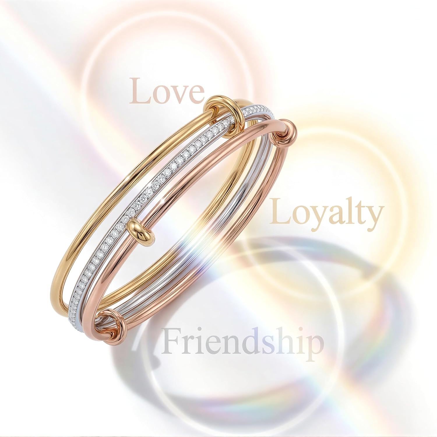 Musishiyu Gold Bracelets for Women Stacking Bangle - 18K Mixed Metal Tri-Color Rolling Interlocking Bands, Cubic Zirconia Fidget Anxiety Jewelry, Valentine's Galentine's Day Gifts - Image 3