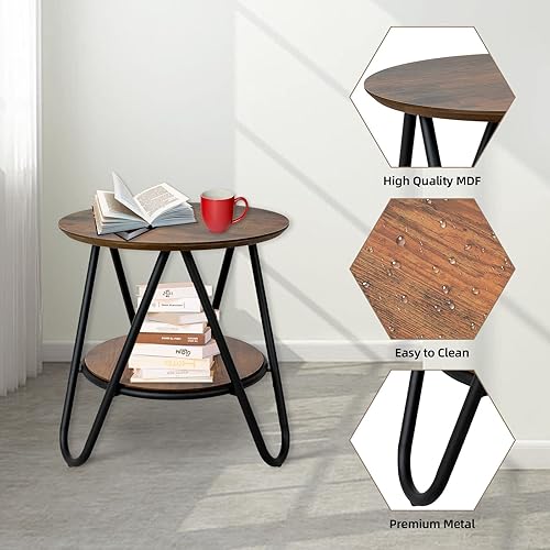 Miniatura 5 de Babion Mesa auxiliar redonda de 2 niveles mesa auxiliar pequeña con patas de metal mesa lateral de madera industrial con estante de almacenamiento