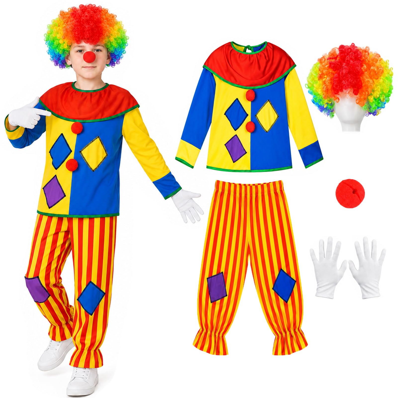 ILLOMEEGOOS Circus Clown Costume Kids Rainbow Wig Fun Halloween Fancy Dress
