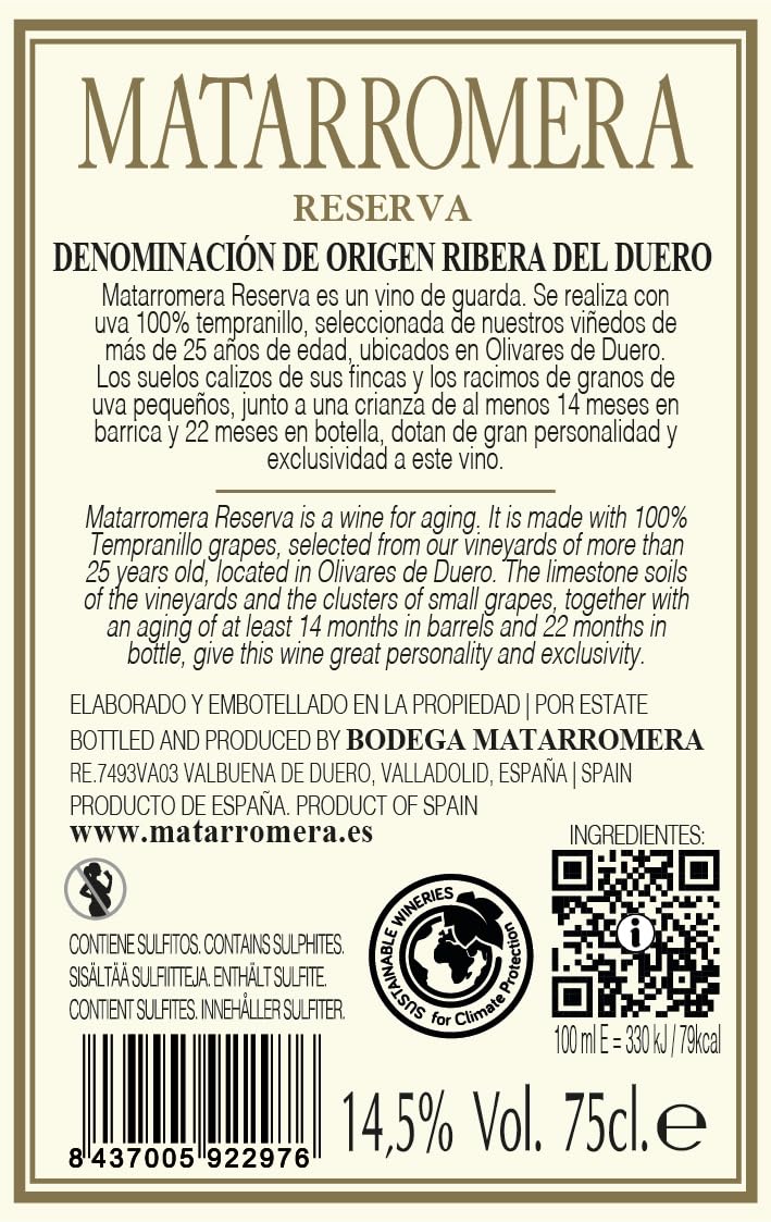 Matarromera Reserva Tinto D.O. Ribera del Duero 2x75 cl + Decantador | 100% Tempranillo · Decantador de cristal Matarromera · 14 meses barrica + 22 botella · Ideal para regalo